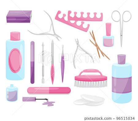 Set of manicure tools. Various accessories for manicure. Scissors, file, tweezers, polish, polish remover, brush cartoon vecto Set of manicure tools. Various accessories for manicure. Scissors, file, tweezers, polish, polish remover, brush cartoon vecto 96515834