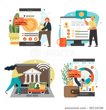 Online bank for secure payment vector scene set Online bank for secure payment vector scene set 96516596