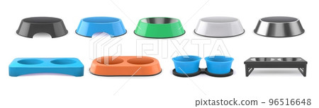 Realistic 3d pet bowls set on isolated background vector illustration. Cat and dog bowls mockup with different colors 96516648