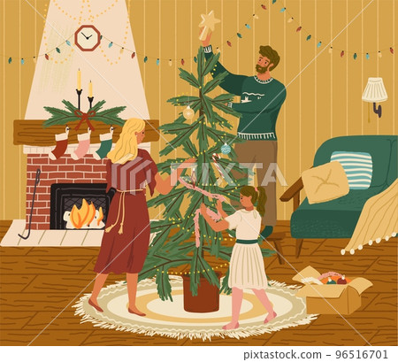 Happy family decorating christmas tree with ornaments and garlands. People preparing for 2022 new year and christmas holiday celebration. Colorful vector illustration in hand drawn style style 96516701