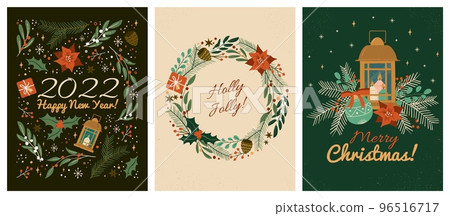 Merry christmas wreath and happy new year greeting cards template. Vector set of winter holiday illustrations in vintage style. Christmas lantern and decoration. 2022 new year hand drawn poster Merry christmas wreath and happy new year greeting cards template. Vector set of winter holiday illustrations in vintage style. Christmas lantern and decoration. 2022 new year hand drawn poster 96516717