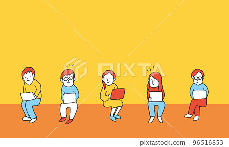 年輕人坐著使用筆記本電腦的插圖框架 96516853