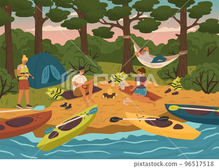 People camping on a river and sitting around fire. Camp site with bonfire, tent and canoe. Water adventure sport vector illustration. Man and woman taking rest after rafting, kayaking, canoeing People camping on a river and sitting around fire. Camp site with bonfire, tent and canoe. Water adventure sport vector illustration. Man and woman taking rest after rafting, kayaking, canoeing 96517518