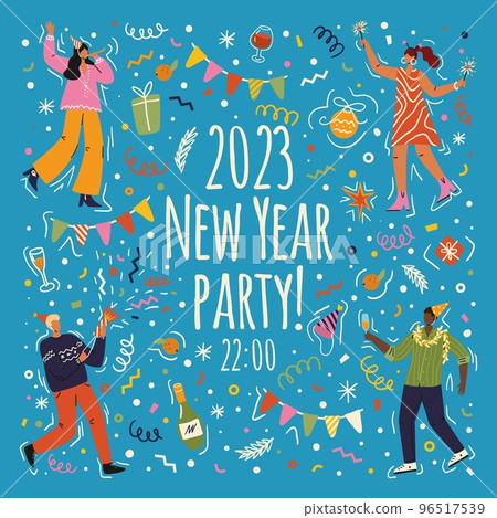 New Year party vector poster. People celebrating new year and dancing. Invitation flyer 96517539
