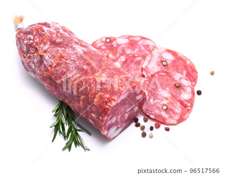 Sliced Smoked dry Salami sausage isolated on white background Sliced Smoked dry Salami sausage isolated on white background 96517566