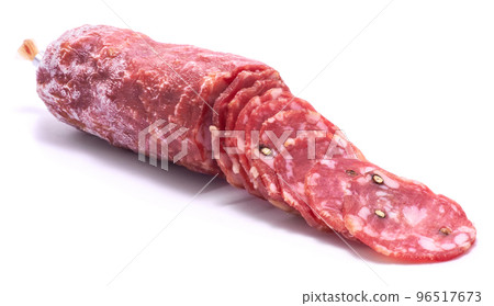 Sliced Smoked dry Salami sausage isolated on white background Sliced Smoked dry Salami sausage isolated on white background 96517673