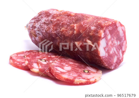 Sliced Smoked dry Salami sausage isolated on white background 96517679