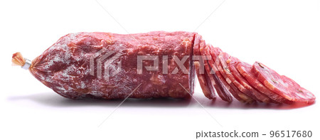 Sliced Smoked dry Salami sausage isolated on white background 96517680
