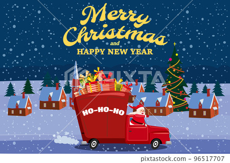 Merry Chistmas Poster Santa Claus drives an old retro car, truck 96517707