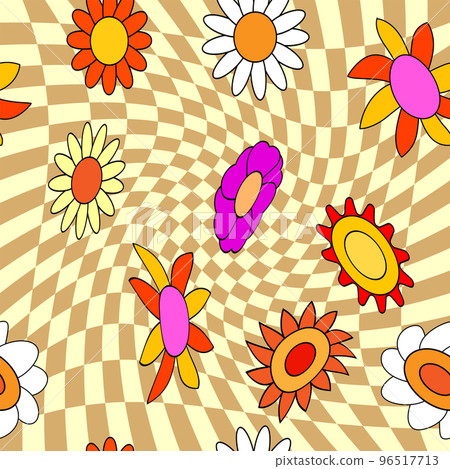 Groovy hippie flower seamless pattern. Colorful flowers trendy check distortion background retro trippy 70s style Groovy hippie flower seamless pattern. Colorful flowers trendy check distortion background retro trippy 70s style 96517713