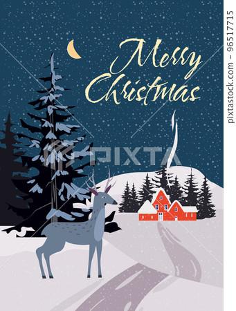Winter village rural winter snow landscape night, retro. Merry Christmas Winter village rural winter snow landscape night, retro. Merry Christmas 96517715