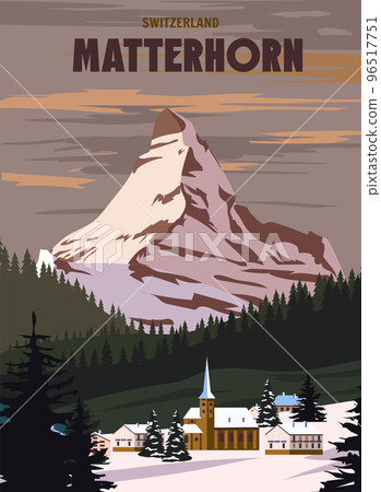 Matterhorn Ski resort poster, retro. Alpes Winter travel card Matterhorn Ski resort poster, retro. Alpes Winter travel card 96517751