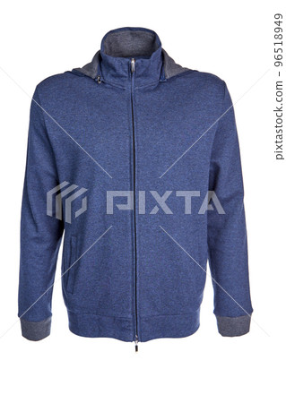 Blue cotton hoodie with a long sleeve, zipped up, isolated on a white background on a transparent mannequin. Front view. 96518949