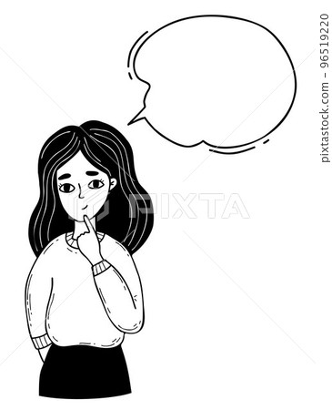 Portrait of thinking person. Thoughtful cute girl and empty text bubble. Vector illustration. Linear hand drawing doodle. 96519220