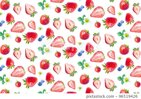 Watercolor illustration of strawberries and blueberries. Seamless pattern with leaves, flowers and fruits Watercolor illustration of strawberries and blueberries. Seamless pattern with leaves, flowers and fruits 96519426