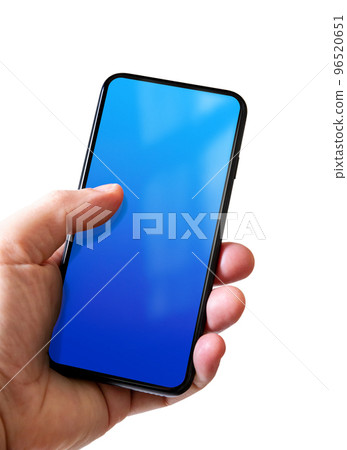 Hand holding a smartphone with blank blue screen. Isolated on white. 96520651