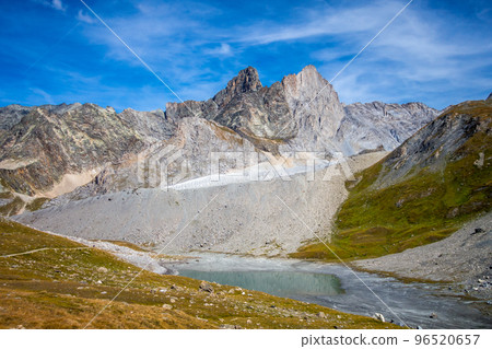 Long lake and Grande Casse Alpine glacier in French alps Long lake and Grande Casse Alpine glacier in French alps 96520657