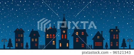 Night street in neighborhood of city. Skyline of houses in town. Rooftops and twilight sky. Panorama vector illustration 96521343