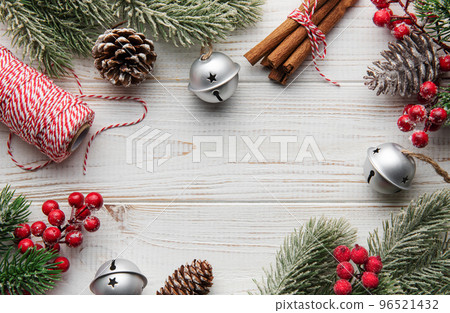 Christmas background with fir tree and decor. Top view with copy space 96521432