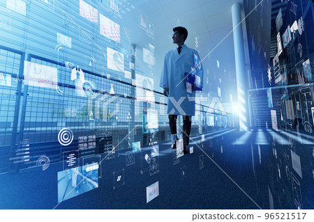 在賽博朋克醫療環境中工作的男性員工 在賽博朋克醫療環境中工作的男性員工 96521517