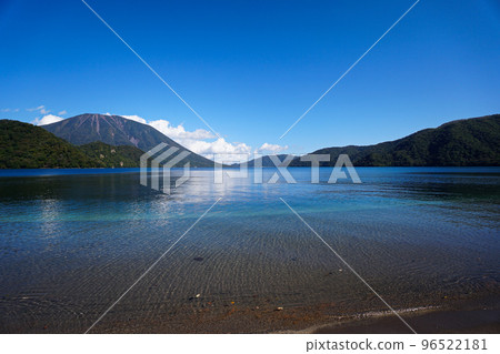 Wide blue sky, mountain and lake undertow Wide blue sky, mountain and lake undertow 96522181