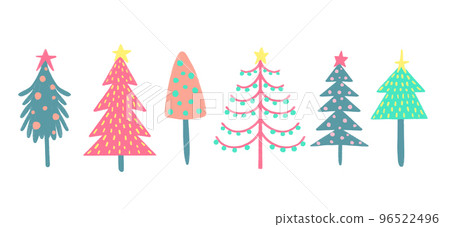 Collection of Christmas decorations, holiday gifts, winter knitted woolen clothes, ginger bread, trees, gifts and penguin. Colorful vector illustration in flat cartoon style Collection of Christmas decorations, holiday gifts, winter knitted woolen clothes, ginger bread, trees, gifts and penguin. Colorful vector illustration in flat cartoon style 96522496