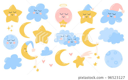 Cute childish set of good night elements. Childrens collection of stars, clouds, moons, planets. Vector illustration in hand drawn cartoon style. Cute childish set of good night elements. Childrens collection of stars, clouds, moons, planets. Vector illustration in hand drawn cartoon style. 96523127