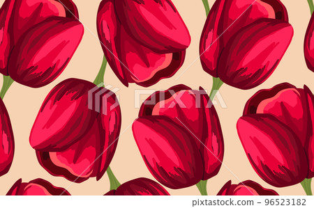 Spring colorful vector illustration with red tulips. Cartoon style. Design for fabric, textile, paper. Holiday print for Easter, Birthday, 8 march. Flowers with leaves Spring colorful vector illustration with red tulips. Cartoon style. Design for fabric, textile, paper. Holiday print for Easter, Birthday, 8 march. Flowers with leaves 96523182