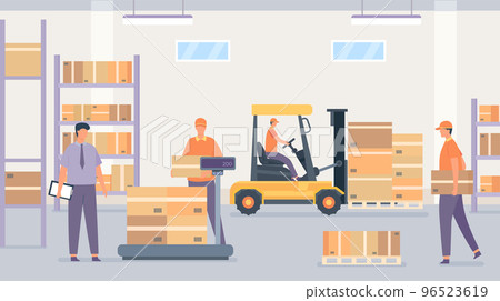 Wholesale stockroom, workers in storage room organize crates 96523619