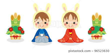 Illustration of a cute little boy and girl greeting New Year's greetings in the year of the rabbit White background set Vector New Year's card Kadomatsu 96523630