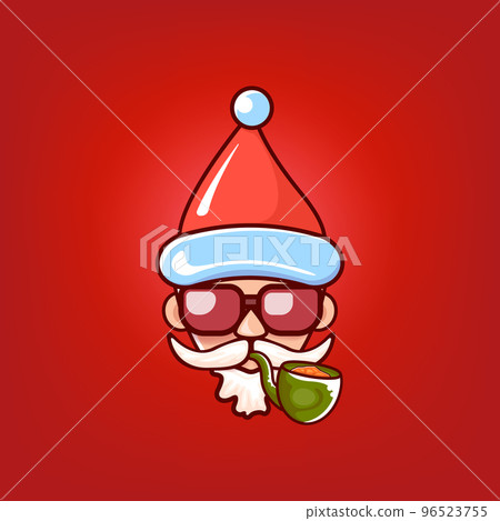 Santa Claus head with Santa red hat, smoking pipe and red hipster sunglasses isolated on red Christmas background. Santa label or sticker design template 96523755