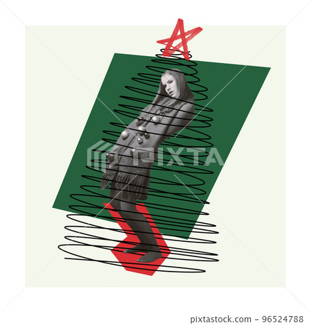 Contemporary art collage. Creative design. Young girl covered in big warm scarf and standing like Christmas tree. Concept of winter holidays, Christmas and New Year Contemporary art collage. Creative design. Young girl covered in big warm scarf and standing like Christmas tree. Concept of winter holidays, Christmas and New Year 96524788
