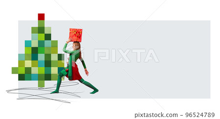 Contemporary art collage. Creative design. Young girl in costume of Christmas tree carrying present box. Concept of winter holidays, Christmas and New Year Contemporary art collage. Creative design. Young girl in costume of Christmas tree carrying present box. Concept of winter holidays, Christmas and New Year 96524789