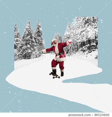 Contemporary art collage. Creative design. Senior man, Santa Claus standing on skateboard in snowy forest. Concept of winter holidays, Christmas and New Year 96524800