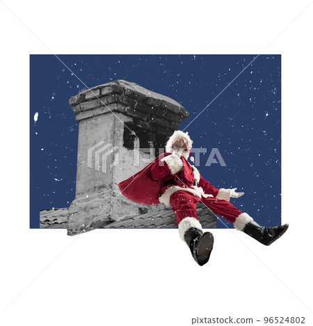 Contemporary art collage. Creative design. Senior man, Santa Claus sitting on chimney with presents bag at night. Concept of winter holidays, Christmas and New Year Contemporary art collage. Creative design. Senior man, Santa Claus sitting on chimney with presents bag at night. Concept of winter holidays, Christmas and New Year 96524802
