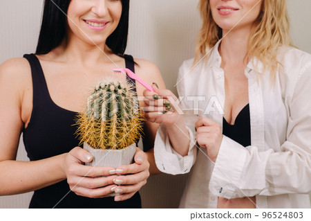 Cactus concept. Unshaven body . One girl is holding a cactus in her hands, and the second girl is shaving a cactus. Symbol of unshaven body parts Cactus concept. Unshaven body . One girl is holding a cactus in her hands, and the second girl is shaving a cactus. Symbol of unshaven body parts 96524803