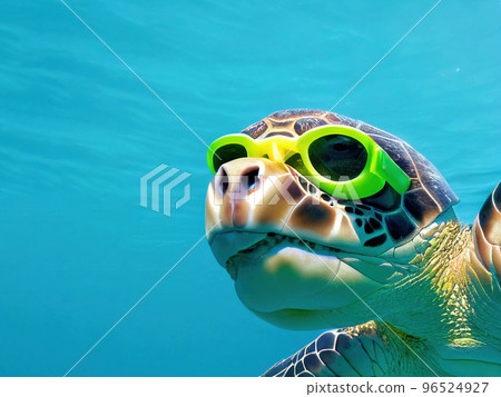 Portrait of a large sea turtle swimming in goggles 96524927