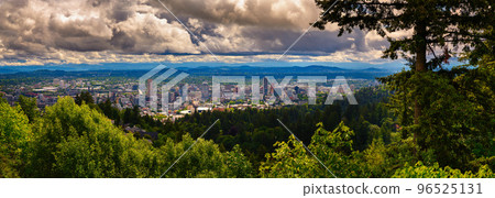 Large panorama of Portland skyline in Oregon from Pittock Mansion viewpoint 96525131