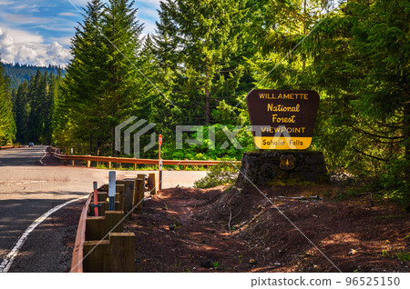Sahalie Falls in Willamette National Forest street sign in Oregon 96525150