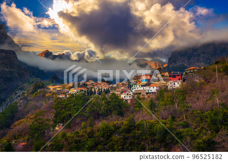 Sunset above Curral Das Freiras village on Madeira Island, Portugal 96525182