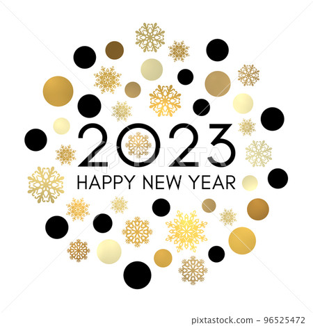 Happy New Year 2023 circle concept. Greeting card design on white background. Black celebration text in frame of gold circles snowflakes. Golden flyer banner calendar party decoration. Bright . Happy New Year 2023 circle concept. Greeting card design on white background. Black celebration text in frame of gold circles snowflakes. Golden flyer banner calendar party decoration. Bright . 96525472