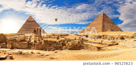 The Great Sphinx panorama by the Pyramids of Egypt, sunset view, Giza 96525623