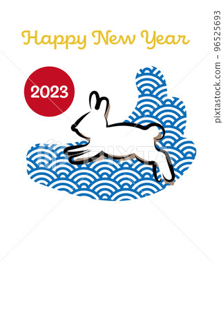 A simple New Year's card with a springing rabbit and waves with a brush touch A simple New Year's card with a springing rabbit and waves with a brush touch 96525693