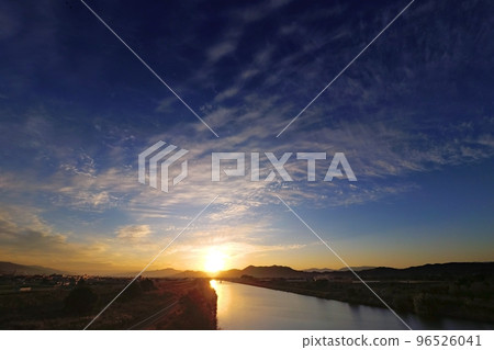 A refreshing late autumn morning sky with various clouds and a reflected river, super wide angle, mainly sky, 221030am 96526041