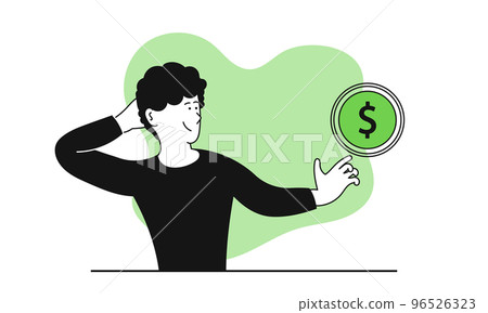 Man pointing at a flying coin vector illustration concept. Financial success and business growth. Investment money and stock market profit. Increase wealth and future opportunity. Performance invest 96526323