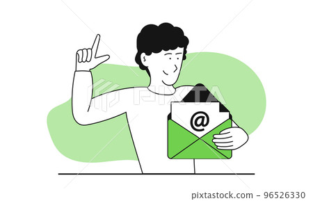 Business email and man holding envelope vector illustration concept. Internet message and contact letter. Send online newsletter and network correspondence document. Service notification content 96526330