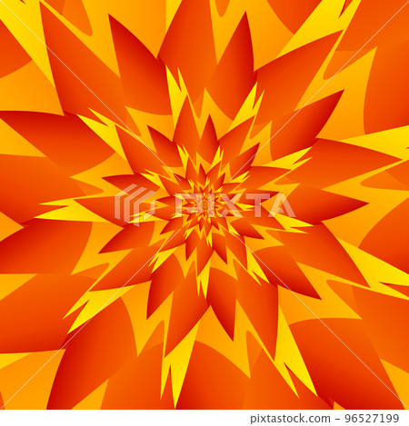 Abstract square pattern, illustration in the form of a gradient multicolored orange and yellow flower with beautiful sharp petals. Spiral effect. Abstract square pattern, illustration in the form of a gradient multicolored orange and yellow flower with beautiful sharp petals. Spiral effect. 96527199