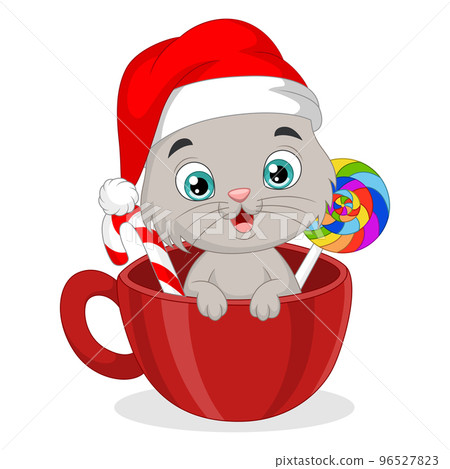 Cute cat cartoon inside red cup with candies 96527823