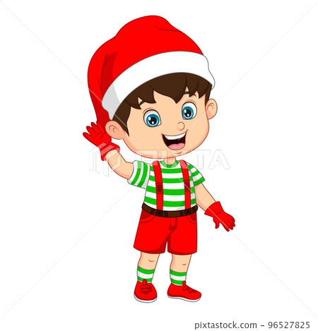 Cartoon little boy wear santa costume waving hand Cartoon little boy wear santa costume waving hand 96527825