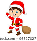Cartoon little boy wear santa costume carrying a sack 96527827